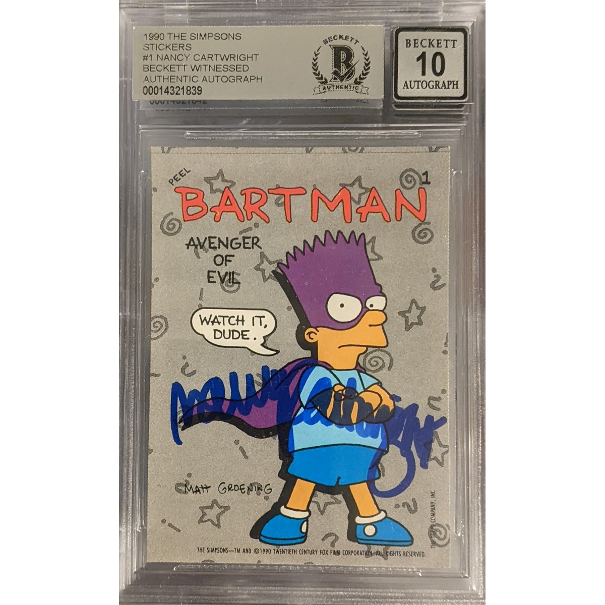 Nancy Cartwright Autographed Topps 1990 Simpsons Card Sticker #1