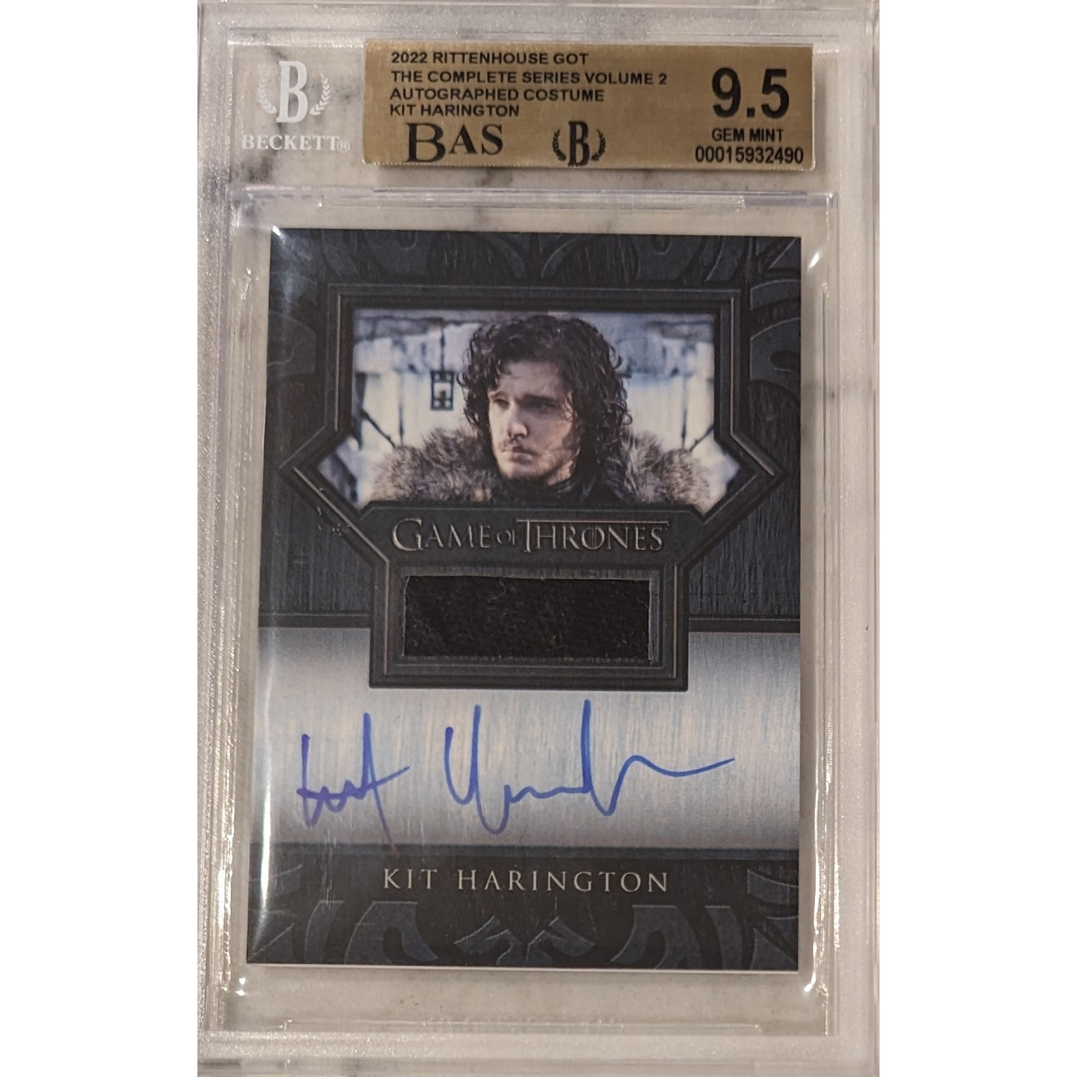 graded autograph cards 2022 Game of Thrones Complete Series Vol 2 Kit Harington Autographed Relic Card 9.5 GEM MINT John Ratzenberger PSA DNA Slab