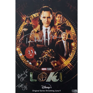 Loki Mini-Poster Signed by Tom Hiddleston, Richard E Grant, and Tara Strong (12x18)