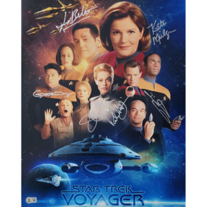 Star Trek Voyager 16x20 Photo Signed by Kate Mulgrew, Jeri Ryan, Tim Russ, Robert Beltran, Robert Duncan McNeil, and Garrett Wang w Beckett